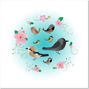 A collection of cute birds in a floral wreath Posters and Art